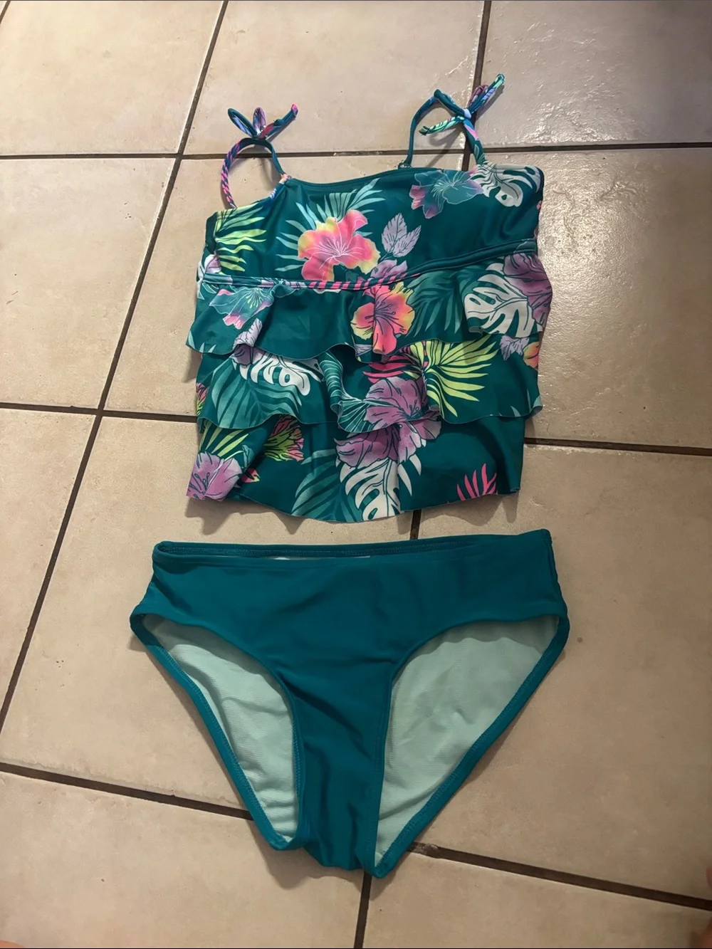Justice Teal Tropical Ruffle Tankini with Floral Print